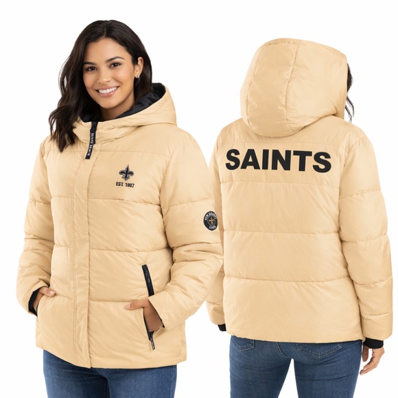 New Orleans Saints Erin Andrews Gold Puffer Jacket Women’s Medium Hooded NFL - Picture 2 of 9